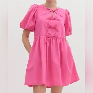 Entro - Bright Pink Tie Bow Front Puff Sleeve Mini Dress Size Small